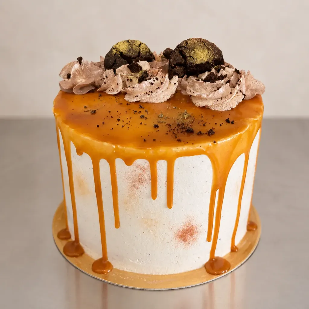 Tarta de Chocolate, mousse de mango y caramelo 