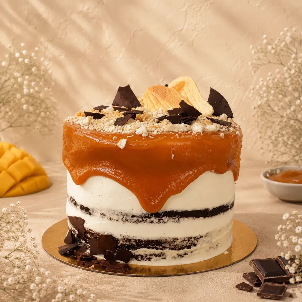 Tarta de Chocolate, mousse de mango y caramelo 