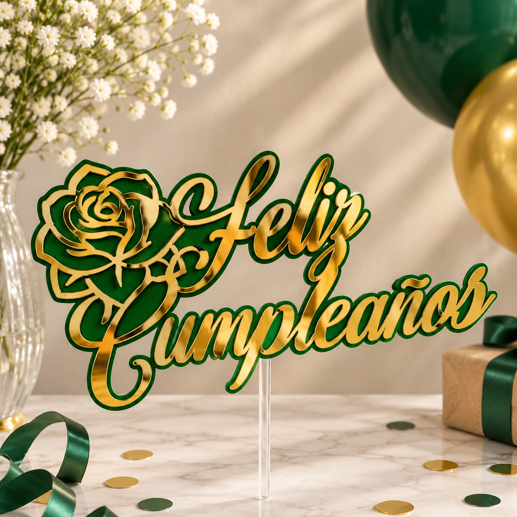 Topper Feliz Cumpleaños con rosa