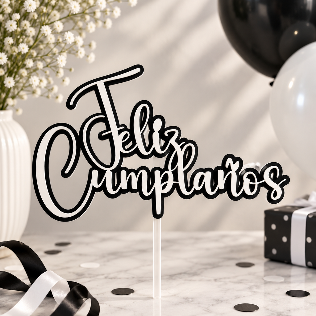 Topper Feliz Cumpleaños blanco y negro